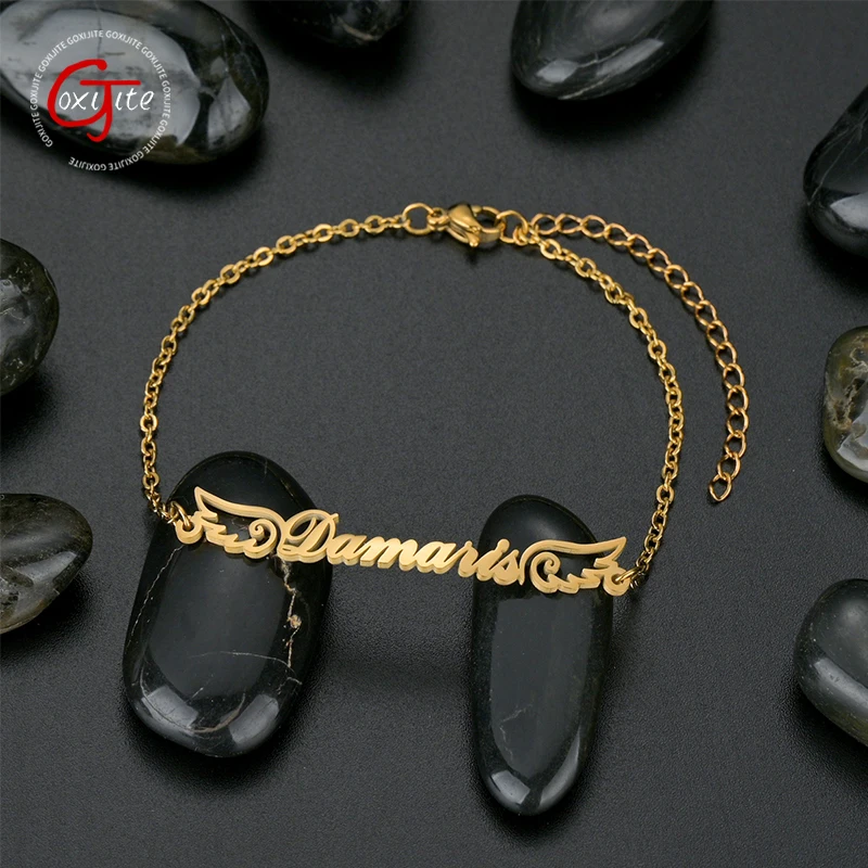 

Goxijite Custom Name Bracelet For Women Baby Girl Personalized Stainless Steel Wings Zircon Nameplate Bracelets Jewelry Gift