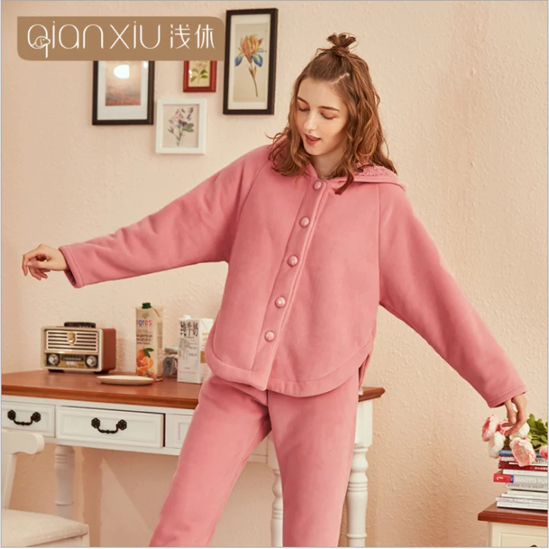 Winter Women Causal Loosen Pajama sets Female Thick Warm Lambs Sleepwear suit Long Sleeve Hoodie collar Coat &amp Pants | Женская одежда