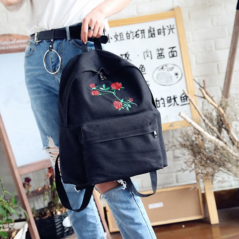 

Ulzzang Japanese Korean Embroidery Rose Flower Casual Canvas Backpacks Black White Teenagers Girls School Bags Travel Rucksack
