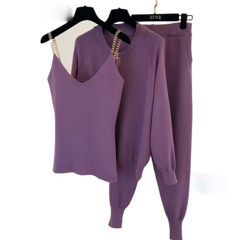 

2021 New Spring Knitting 3 Piece Set Zipper Jacket Long Sleeve Cardigans Sexy Vest Tank Top Pants Solid Casual Tracksuits Women