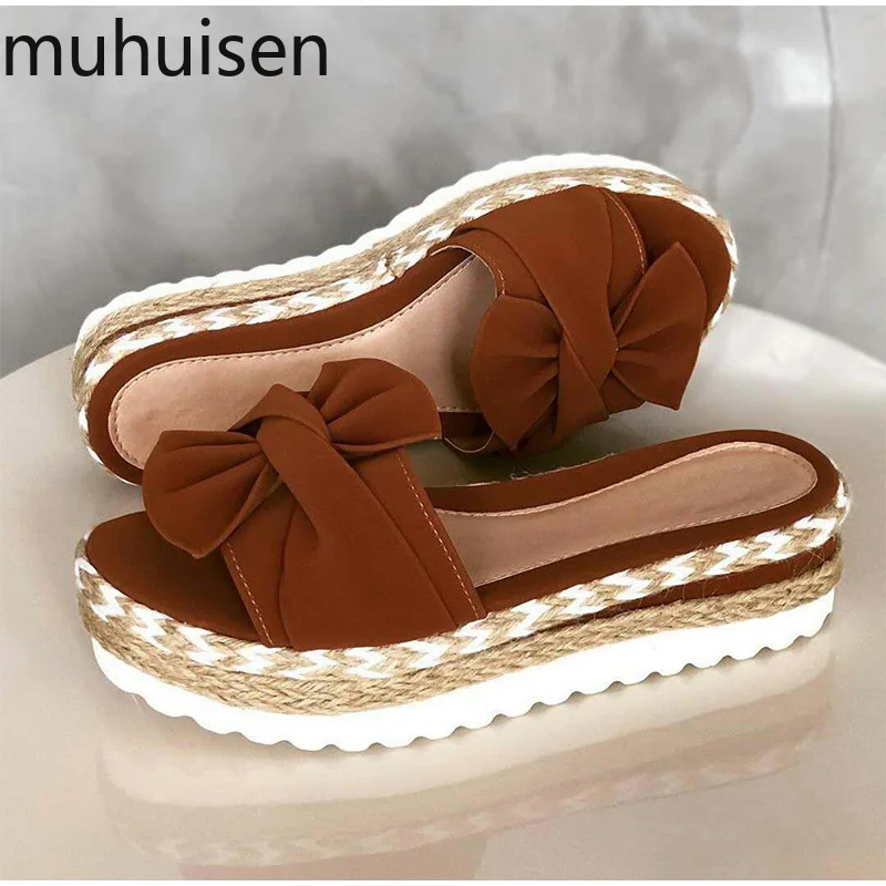 

Hot New Slippers Women Slides Summer Bow Summer Sandals Bow-Knot Slippers with Thick Soles Platform Female Floral Beach Shoes