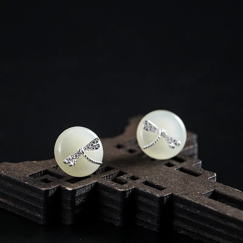 Висячие серьги-гвоздики из стерлингового серебра 925 пробы с круглой Нефритовой