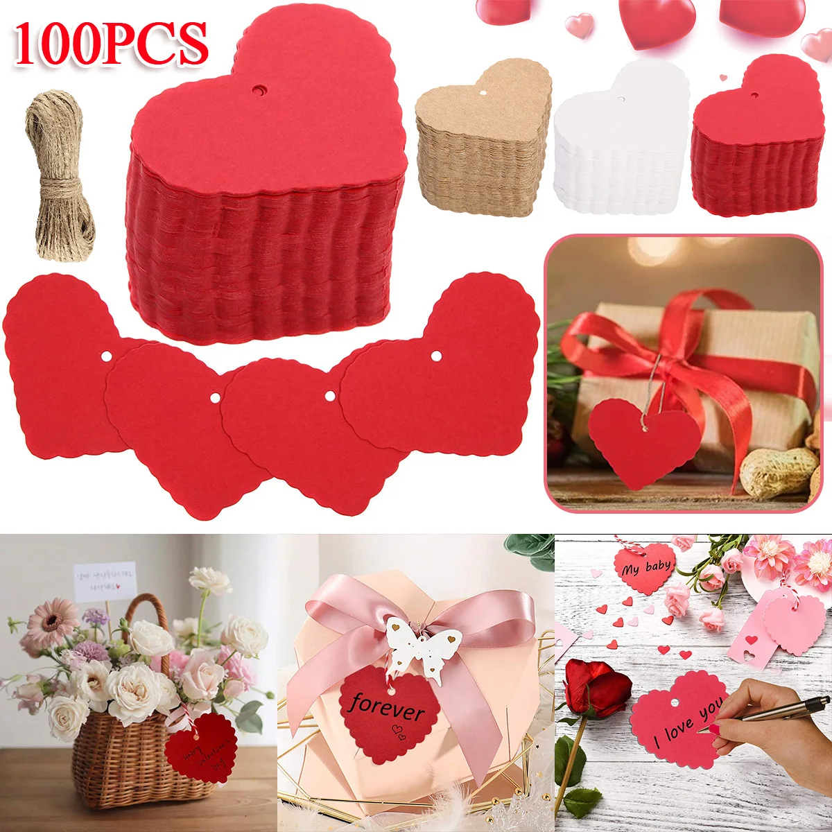 

100Pcs Valentine Gift Tags Red White Kraft Paper Heart Blank String DIY Card Wedding Party Favor Wrapping Hang Gift Price Label