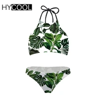 hycool bikini 2020 swimming suit for women tropical palm leaf printing high neck bandage swimwear women swimsuit xxl plus size