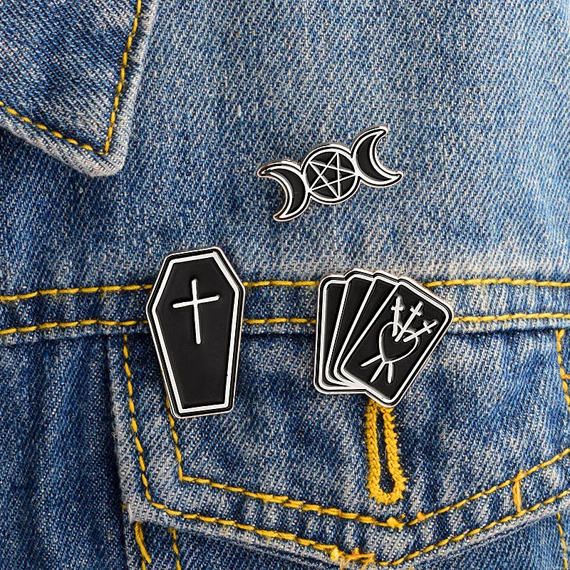 

Punk Style Enamel Pins Grid Moon Cross Dagger Poker Fashion DIY Collection Brooch Badge Accessories