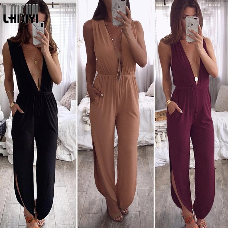 

LAISIYI Women Sexy Deep V Rompers Summer Sleeveless Solid Elegant Lady Jumpsuits Clubwear Fashion Bodysuit Mono Mujer ASJU20506
