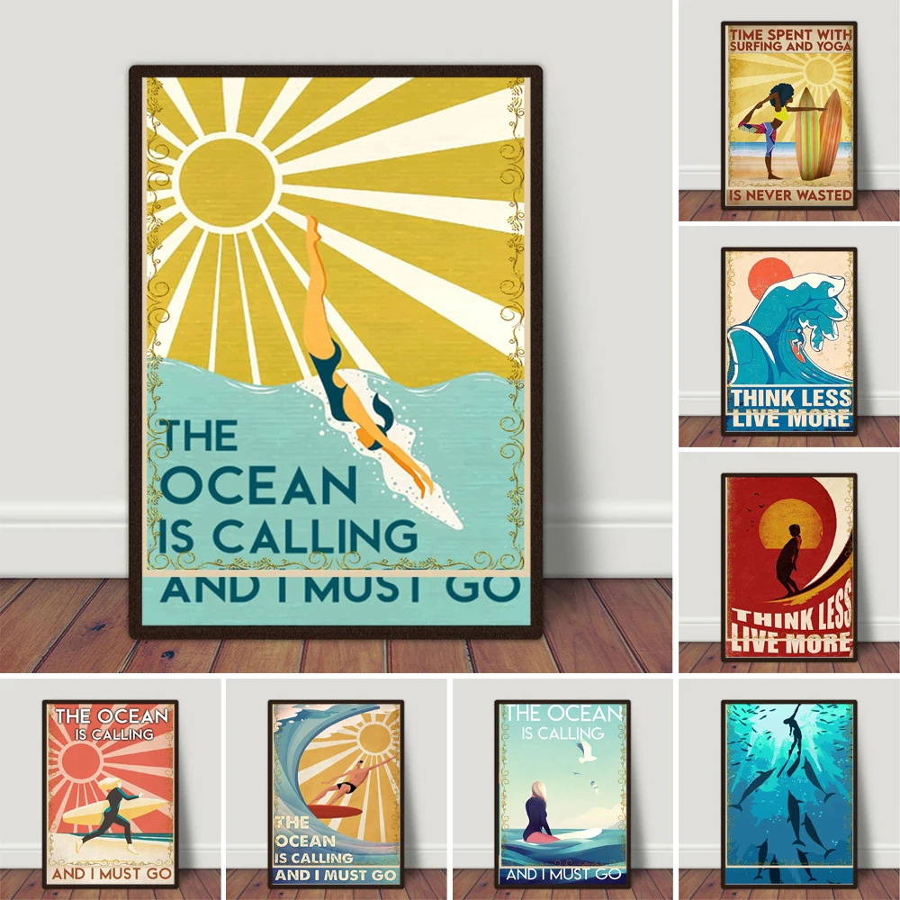 

The Ocean Is Calling And I Must Go Poster Diving Print Swimming Beach Print for Home Vertical Poster for Bedroom Home Decor