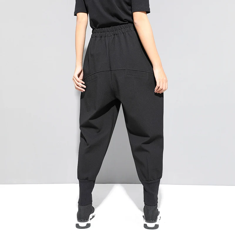 Шаровары женские черные на молнии с карманами и высокой талией Осень-зима 2020