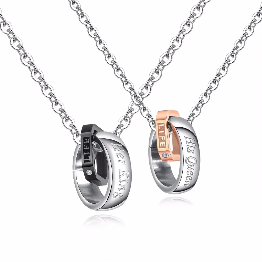 

OPK His & Hers Matching Set Stainless Steel Couple Pendant Necklace Her King His Queen Cubic Zirconia Romantic Lover GX1450