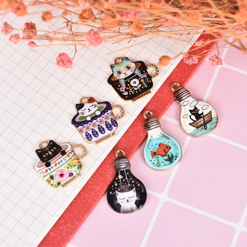 

10Pcs/Set Enamel Alloy Cute Cartoon Kitten Cup Cat Charms Pendant Fashion Jewelry DIY Craft Findings New