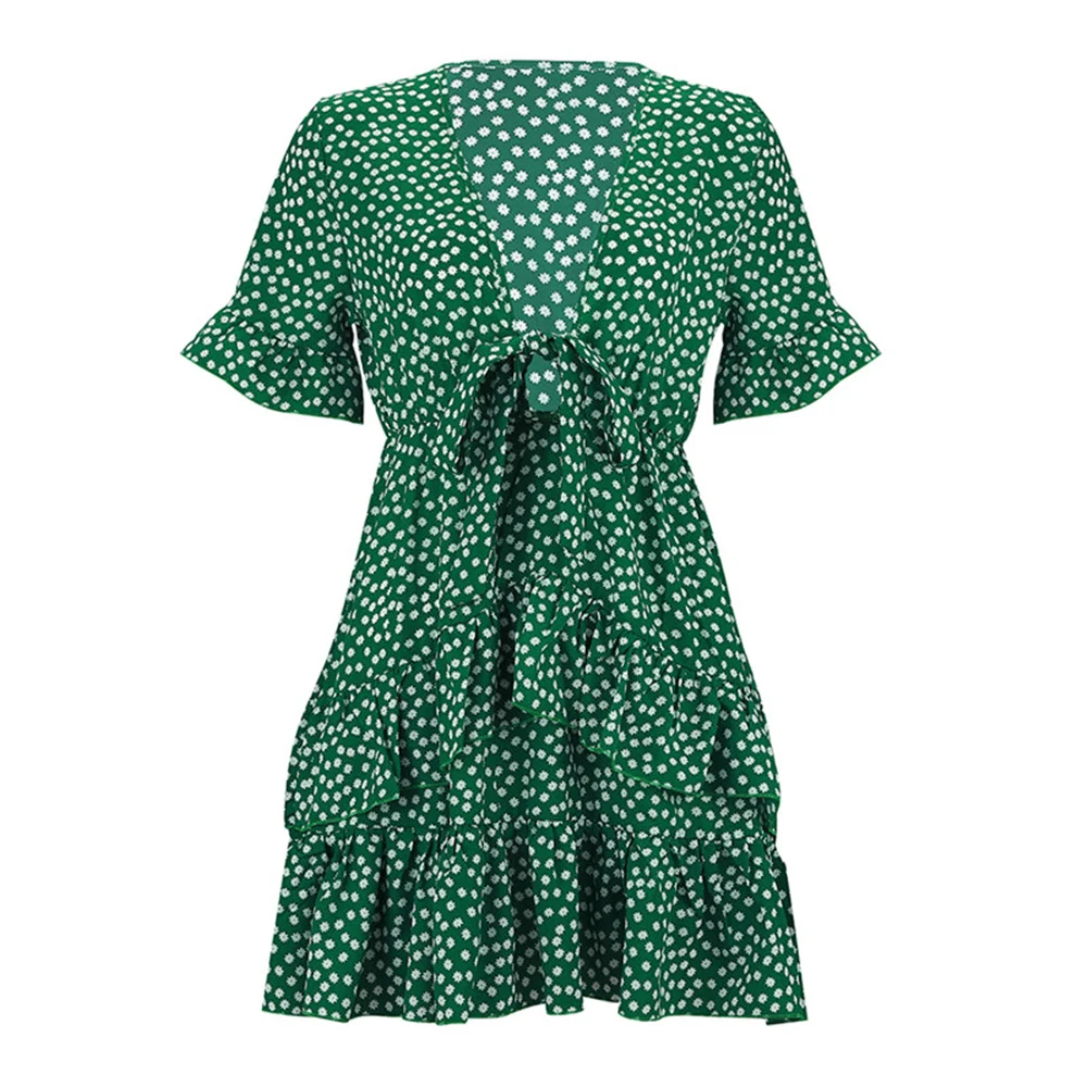 

hirigin 2021 Women Dress Boho Floral Ruffle Short Mini Dress Summer Knot Sexy V-Neck Party Holiday Dress Femme vestido de mujer