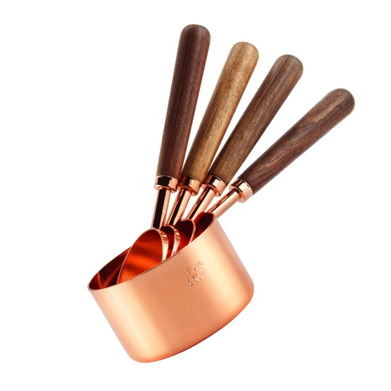 4Pcs Walnut Wooden Handle Stainless Steel Measuring Cup Spoon Plated Copper Rose Gold Kitchen Baking Set | Дом и сад