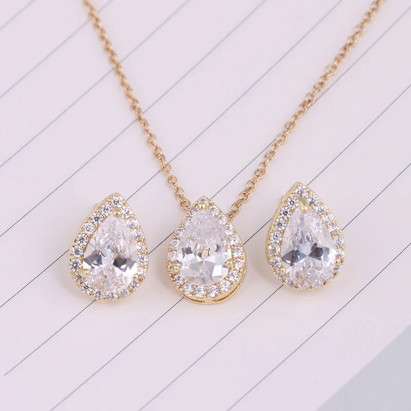 2 Set Yellow Gold Три шт ожерелье браслет и серьги наборы для женщин Свадебные нигерийские капли воды циркония ювелирные наборы Свадебный комплект ювелирных изделий - Окраска металла: 2 Set Yellow Gold