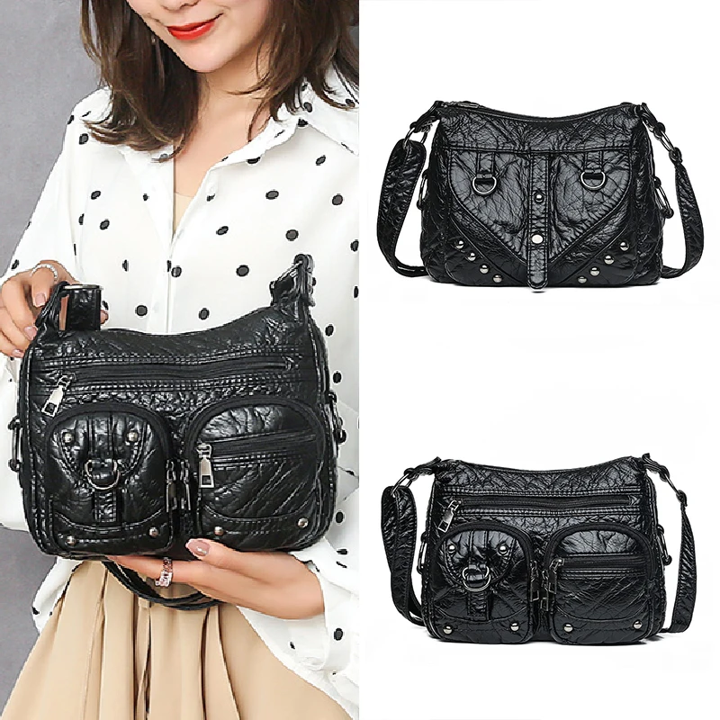 Модная женская сумка-мессенджер средней длины из промытой кожи с заклепками