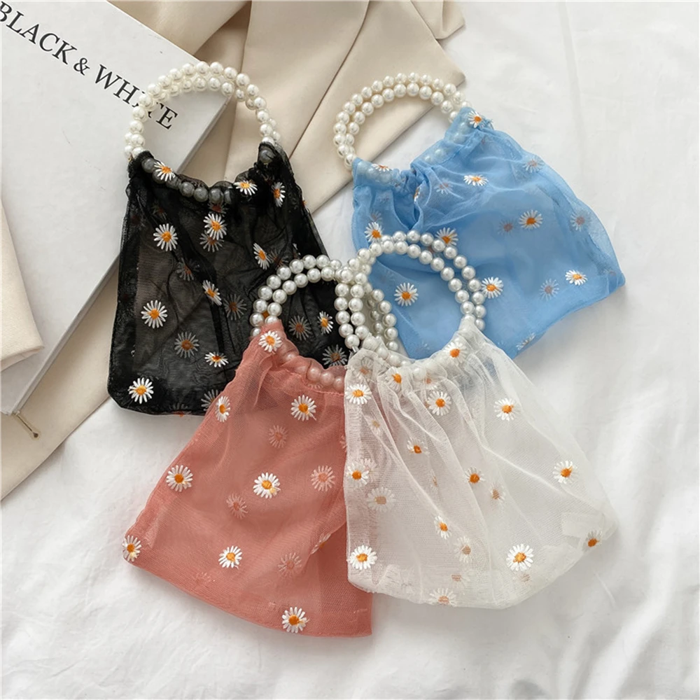 

2022 Daisy Mesh Shopping Bag Travel Packaging Pearl Organza Tote Bags for Women Fashion Eco-friendly Handbags Torba Na Zakupy