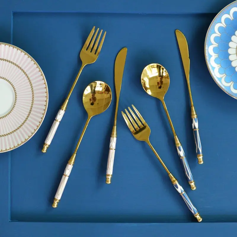 Kitchen Gold-plated Cutlery Set Dessert Forks Knives Spoons Set Elegant Design Ceramic Dinnerware For Home Restaurant Canteen