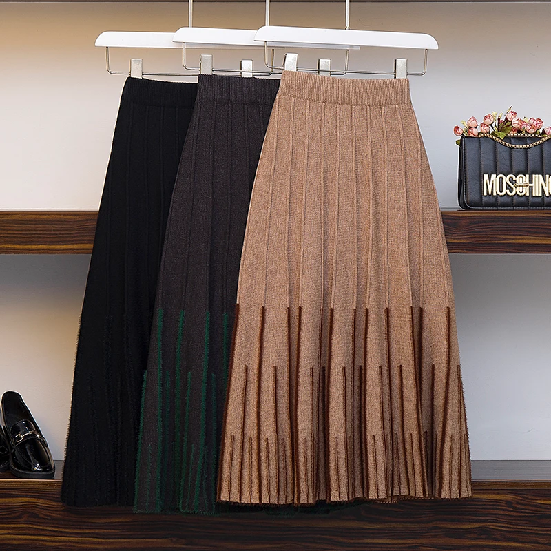 4XL новые женские вязаные вертикальные полосы плиссированные трапециевидные юбки