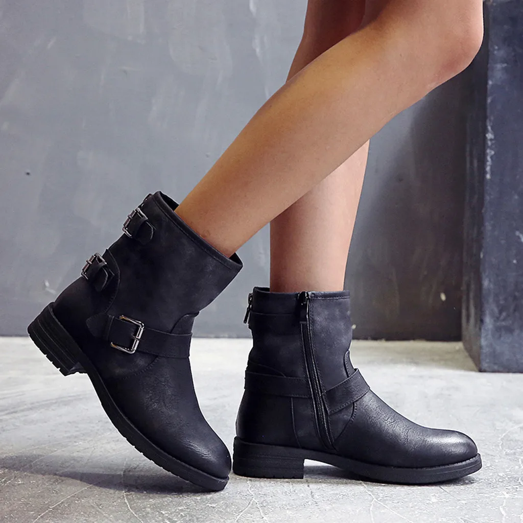 Модные женские классические ботильоны зимние черные кожаные байкерские