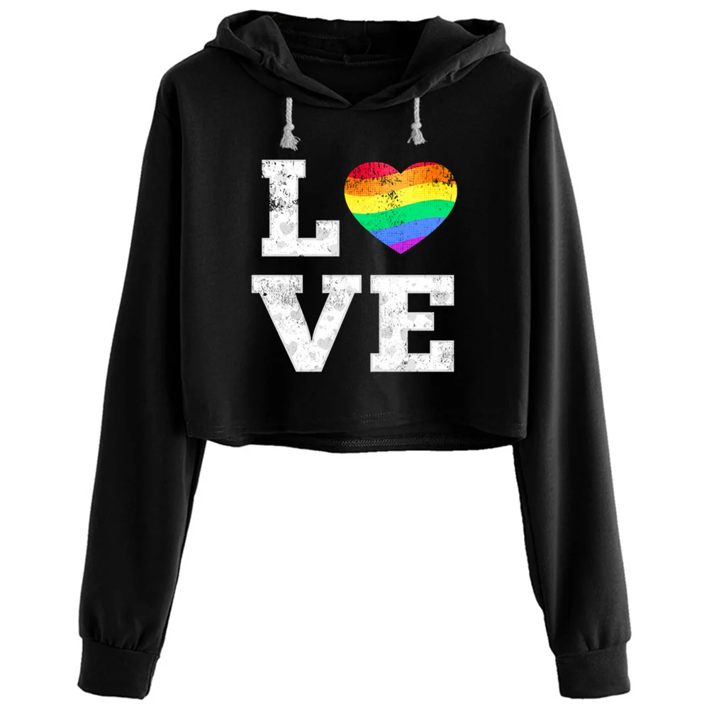 

Love Pride Rainbow Heart Crop Hoodies Women Kpop Korean Y2k Kawaii Pullover For Girls