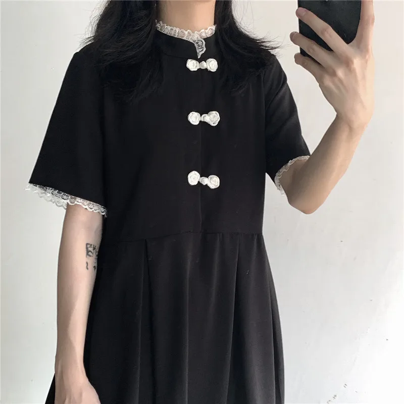 Винтажное шифоновое платье на пуговицах для девочек-подростков летнее Харадзюку