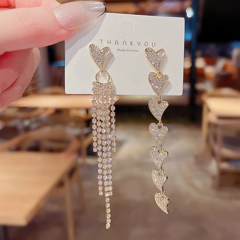 

S925 Silvers New Asymmetric Tassel Heart Shape Dangle Earrings Feminine Wholesale Full Diamonds Jewellery Woman Earring
