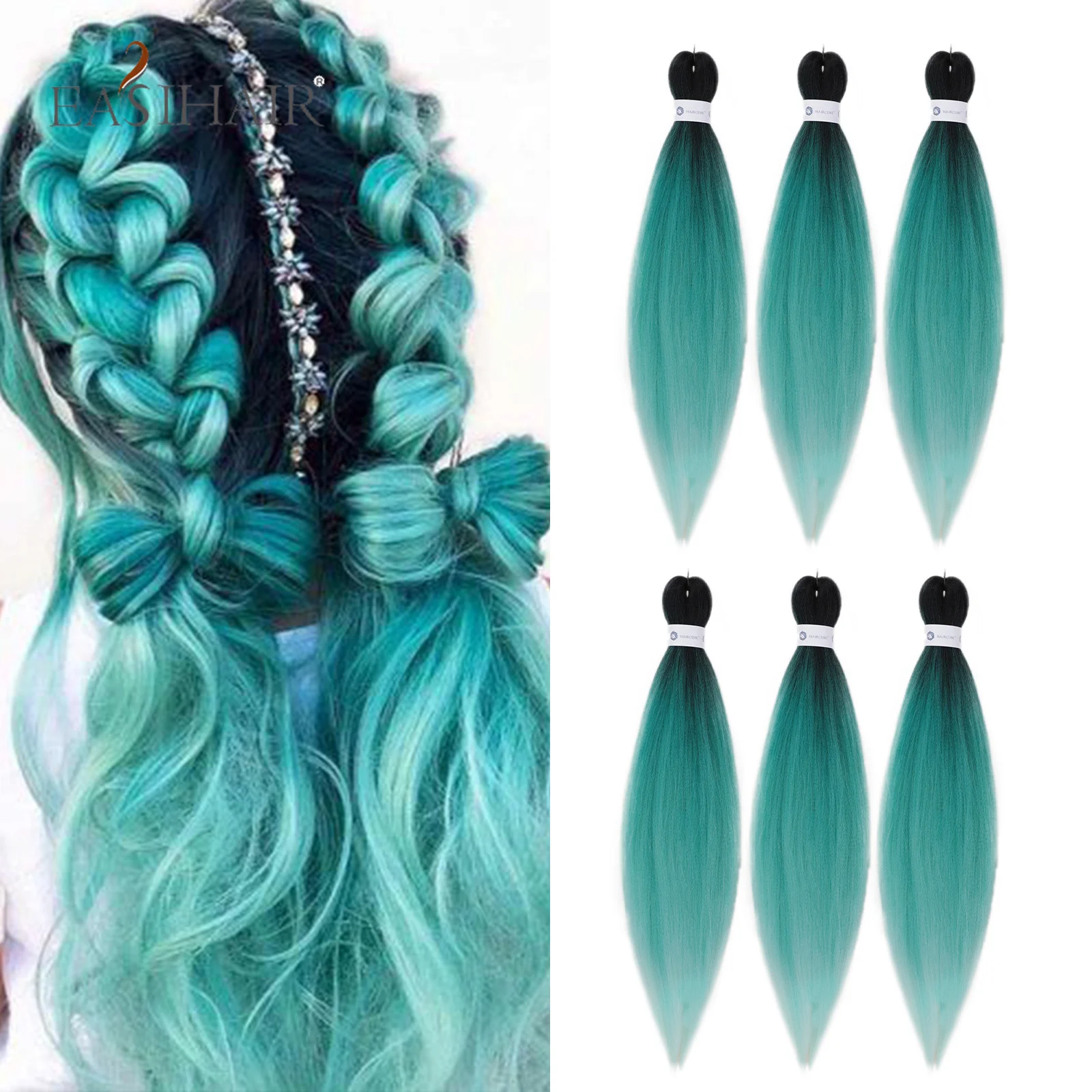EASIHAIR 6pcs Ombre Green Synthetic Hair Extension 26Inch Colored Twist Jumbo Braiding Glowing for Bluk Wholesale |