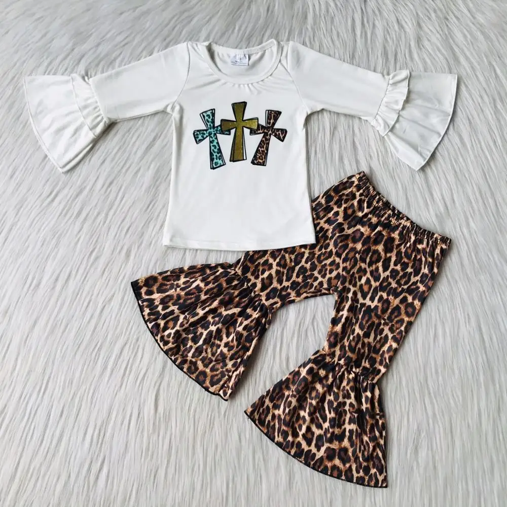 

2021 children's baby girl two-layer ruffle long-sleeved shirts cross printed leopard fashion flared pants boutique suit