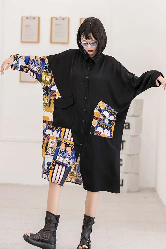 

QING MO Women Printed Patchwork Blouse 2021 Summer Women Batwing Sleeve Blouse Female Oversized Blouse ZQY6836