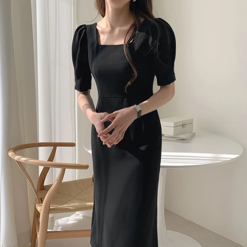 

Elegant Square Collar Puff Sleeve Woman Dress Simple Janpan Korean Chic Office Lady Femme Robe Slim Waist A Line Bodycon Vestido