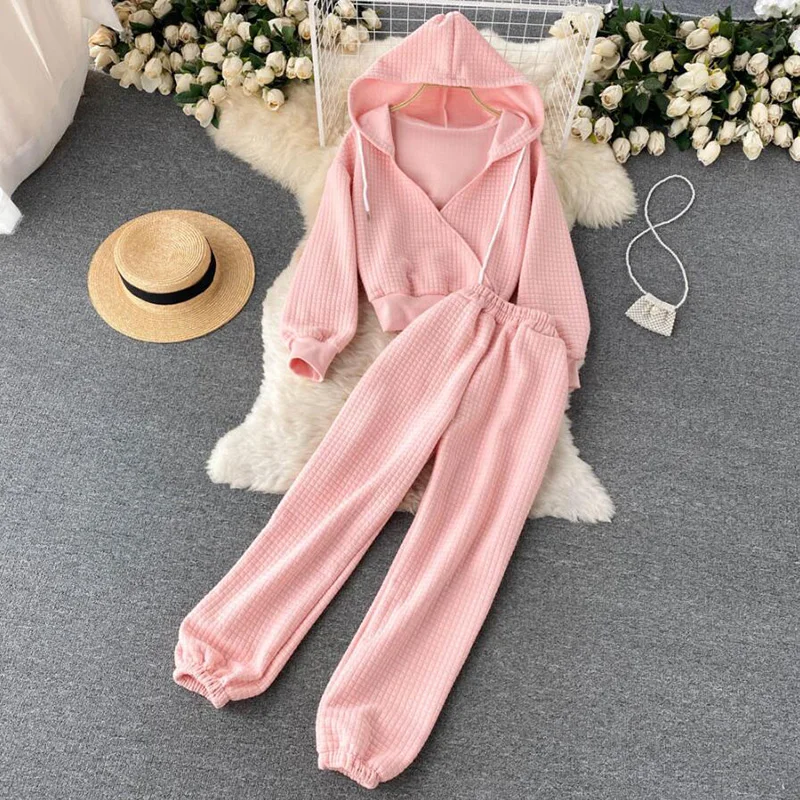 

Solid V-neck Hooded Sweatshirts High waist Pants Joggers Women Tracksuits Two Piece Sets Sweatpants Sweatsuits Autumn Female