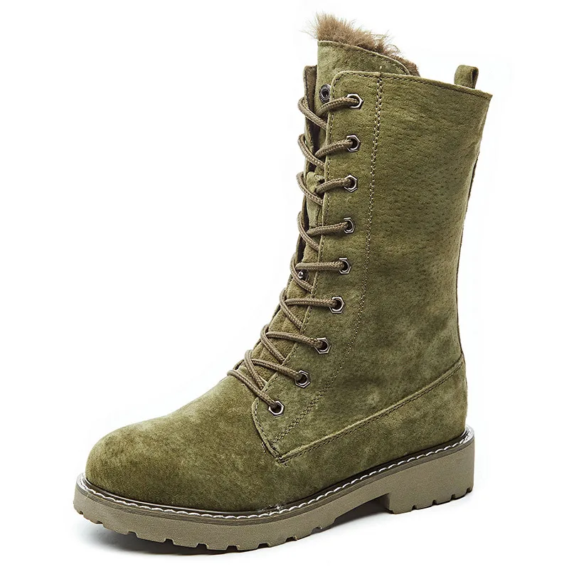 

British flat New winter 2021 integrated snow boots, women's fur soled leather cotton boots and plush medium