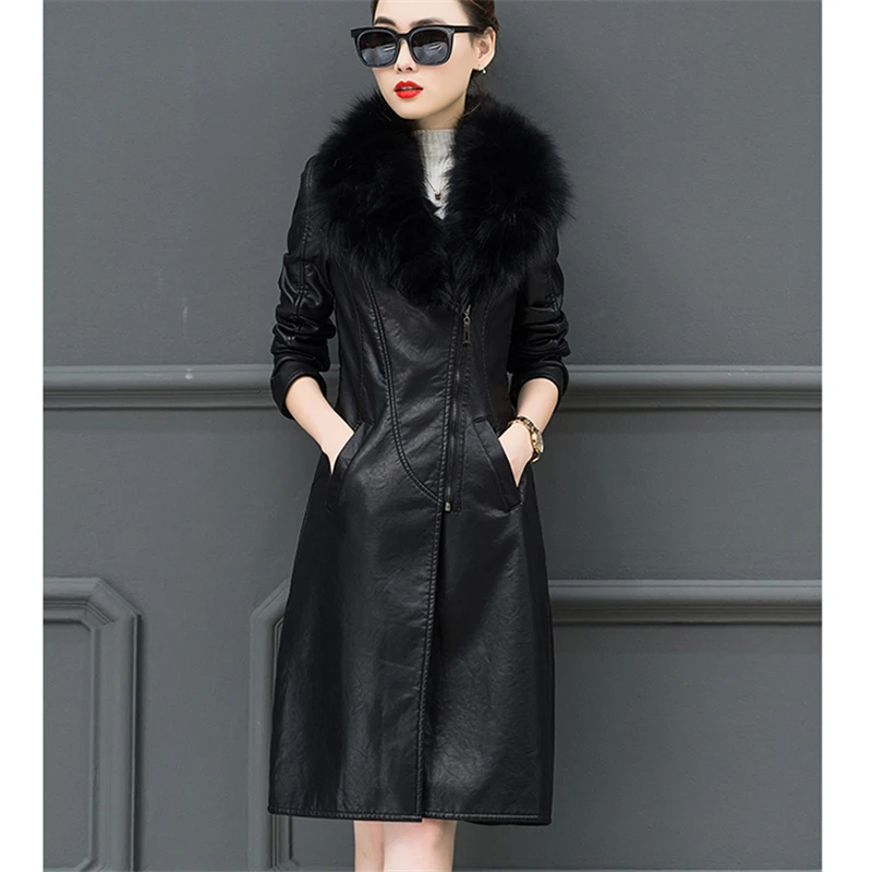 Pu Leather Women Plus Velvet Thickening Long Section Winter Fashion New Large Fur Collar Warm Leather Jacket Tide HHH00163