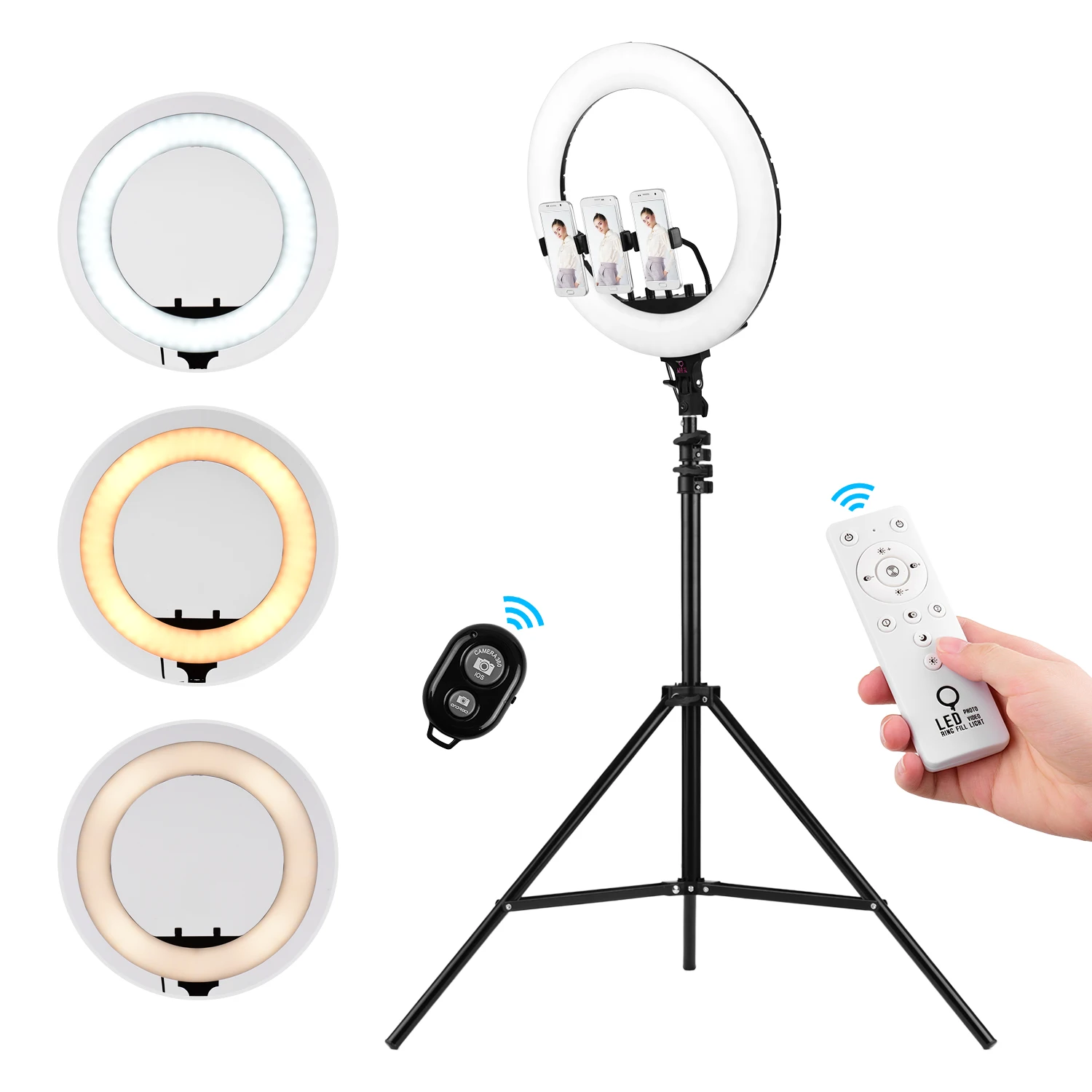 

Video Light Kit with 18inch LED Ring Light Tripod with Remote Control Phone Clamps Phone for Studio Photogragphy Live Streaming
