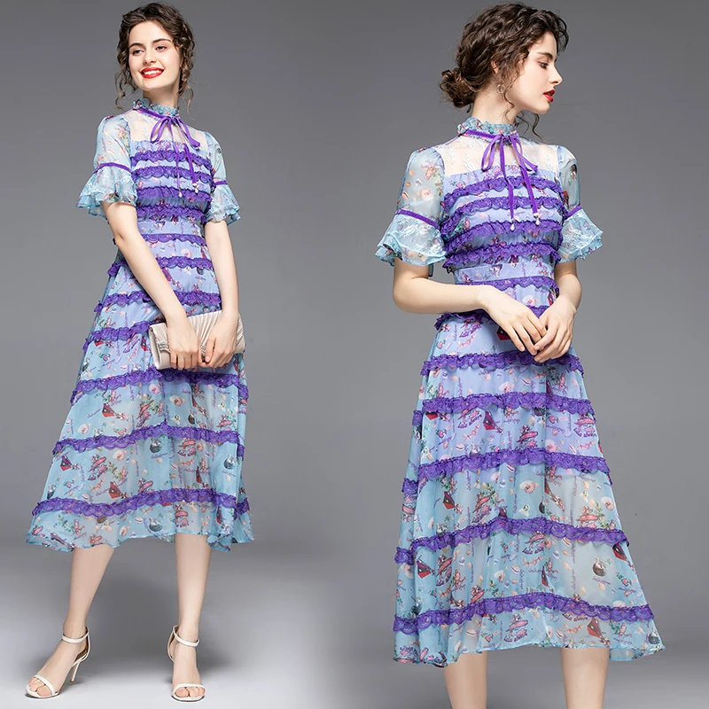 

Merchall Summer French Style Runway Lace Dress Female Bow Tie Collar Ruffles Sleeve Floral Splicing Lace Holiday Chiffon Dress