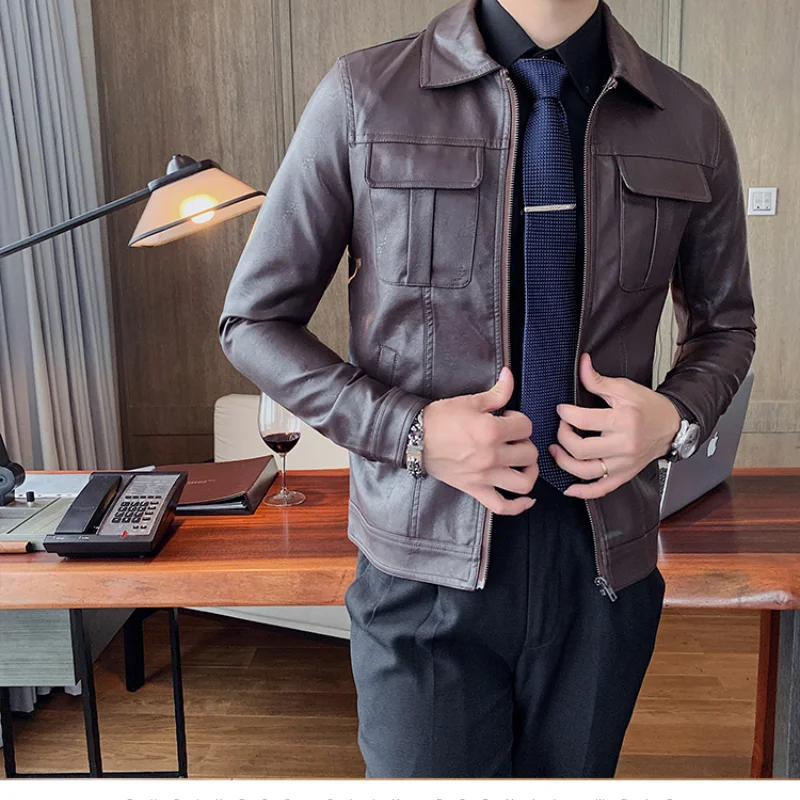 

2021New Air Force Pilot Men PU Leather Jacket Solid Color Leisure Retro Style Male Fur Coat Outwear Autumn Winter Brand Clothing