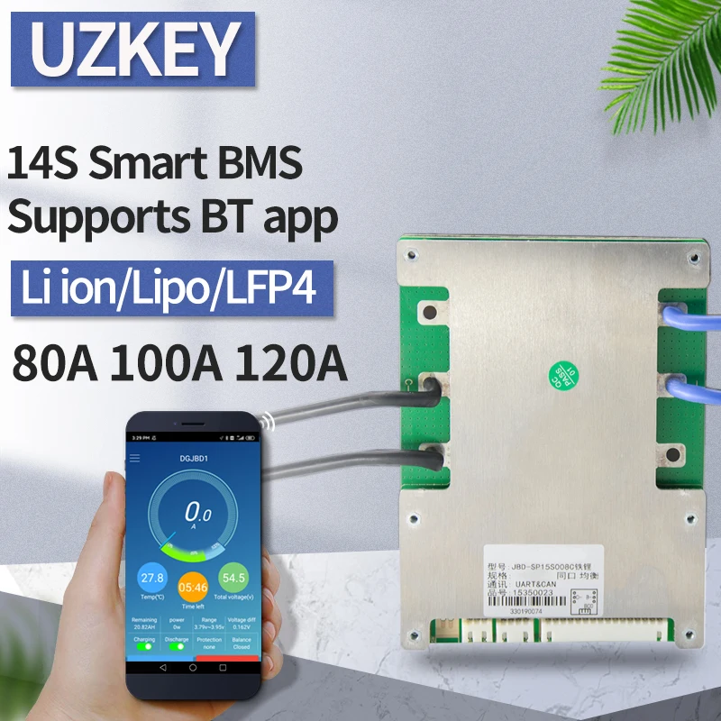 

14S Smart BMS 80A 100A 120A Bluetooth 48V Li-ion Common Port APP Battery Status Balance LiFePo4 E-bike Bicycle Battery PCM