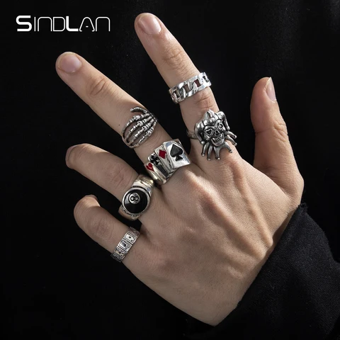 Sindlan 6 шт. панк покер Джокер серебряные кольца для мужчин Готический Скелет Бильярд набор пара эмо модные ювелирные изделия мужские кольца