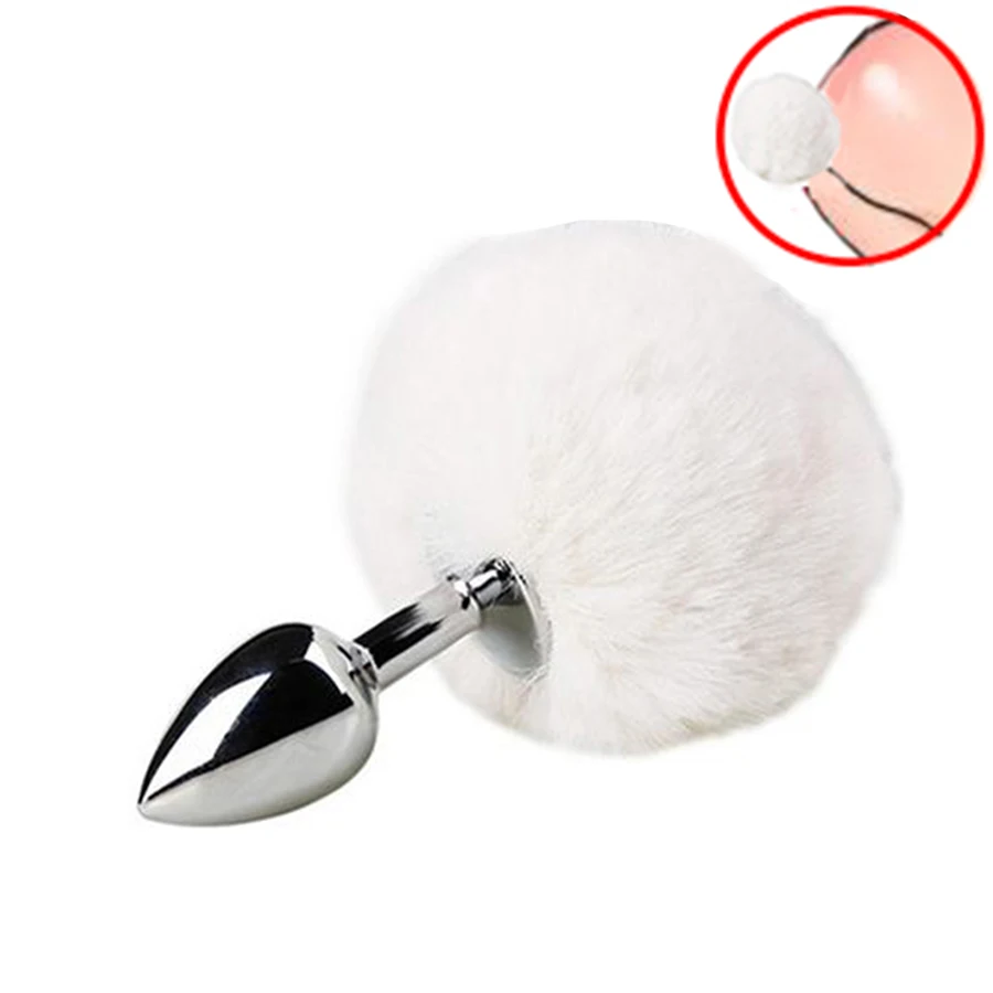 Заячий хвост белый кролик Анальная пробка нержавеющая сталь и силиконовый