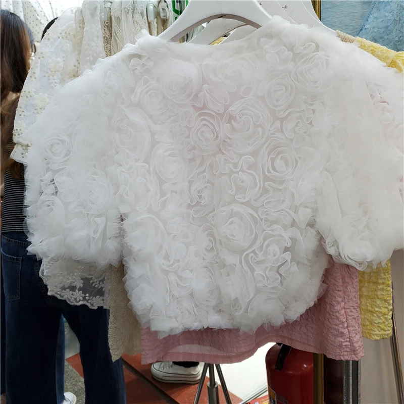 

Three-Dimensional Rose Flower Blouse Women Korean Style Summer Top Temperament Lace Mesh Shirt All-Match Cropped Blusas Femme