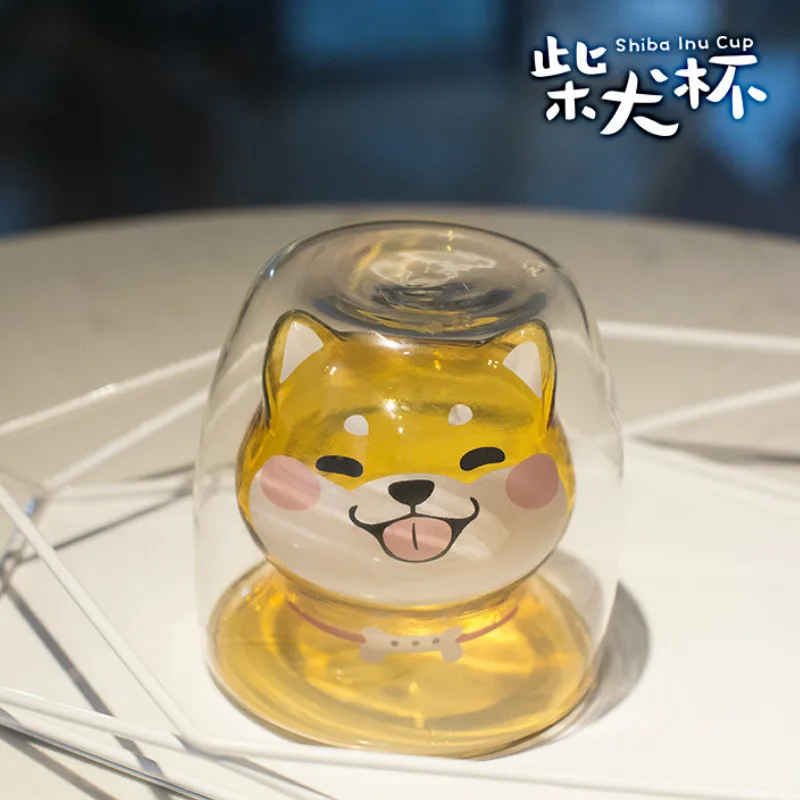 

New Shiba Inu Cup Cute Heat-resistant Double Glass Cup of Borosilicate Green Breakfast Milk Cup Cute Pet Cup Children's Cup220ml