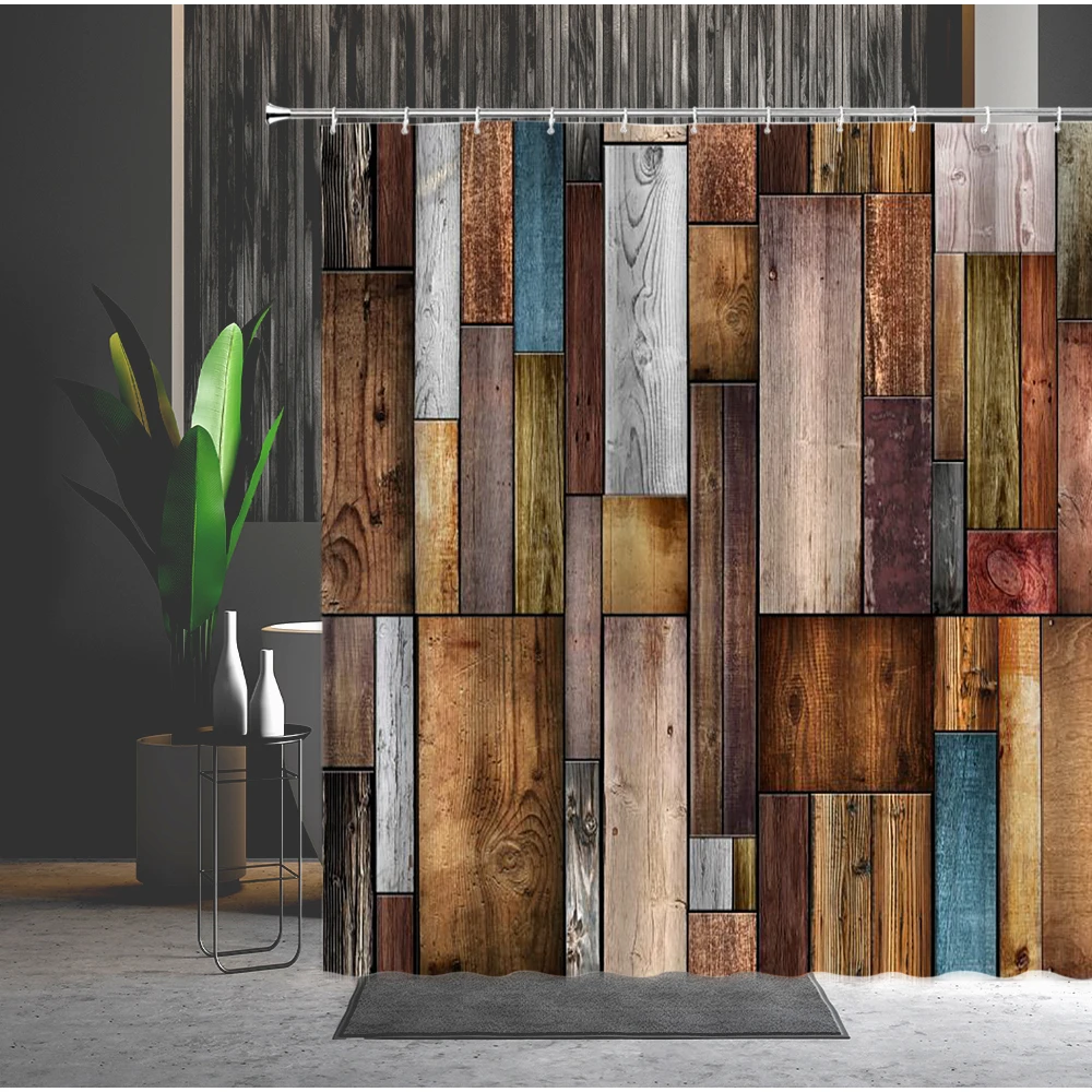 

Shower Curtain Retro Wood Grain Geometry Stripe Marble Pattern Waterproof 3D Printing Bathtub Decor Bath Curtains Set With Hooks