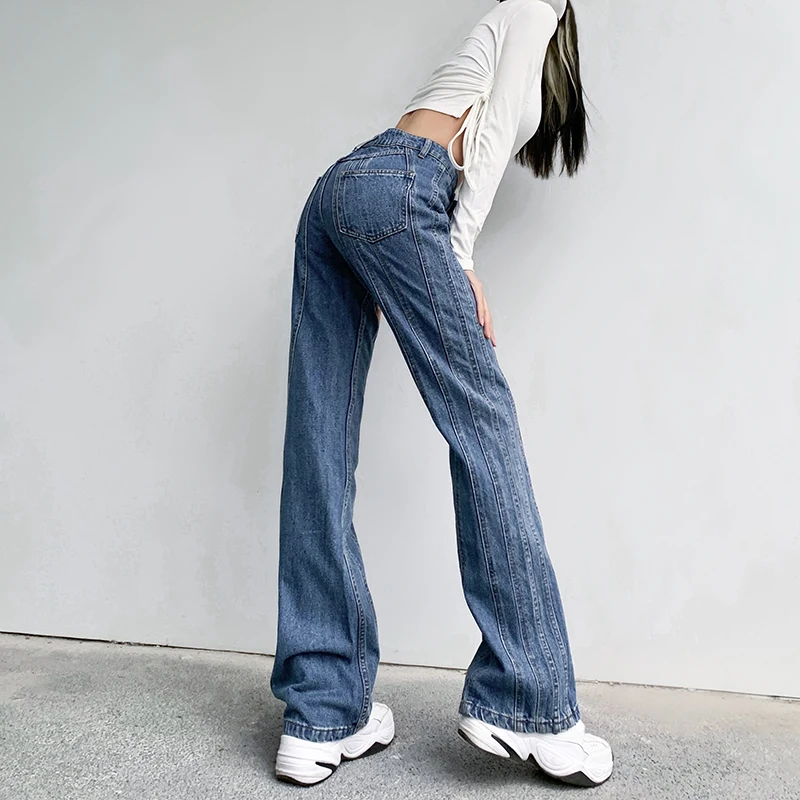 

IAMSURE Slim Low Waist Skinny Jeans Vintage Cotton Trousers Women Streetwear Cool Casual Wide Leg Pants 2021 High Street Style