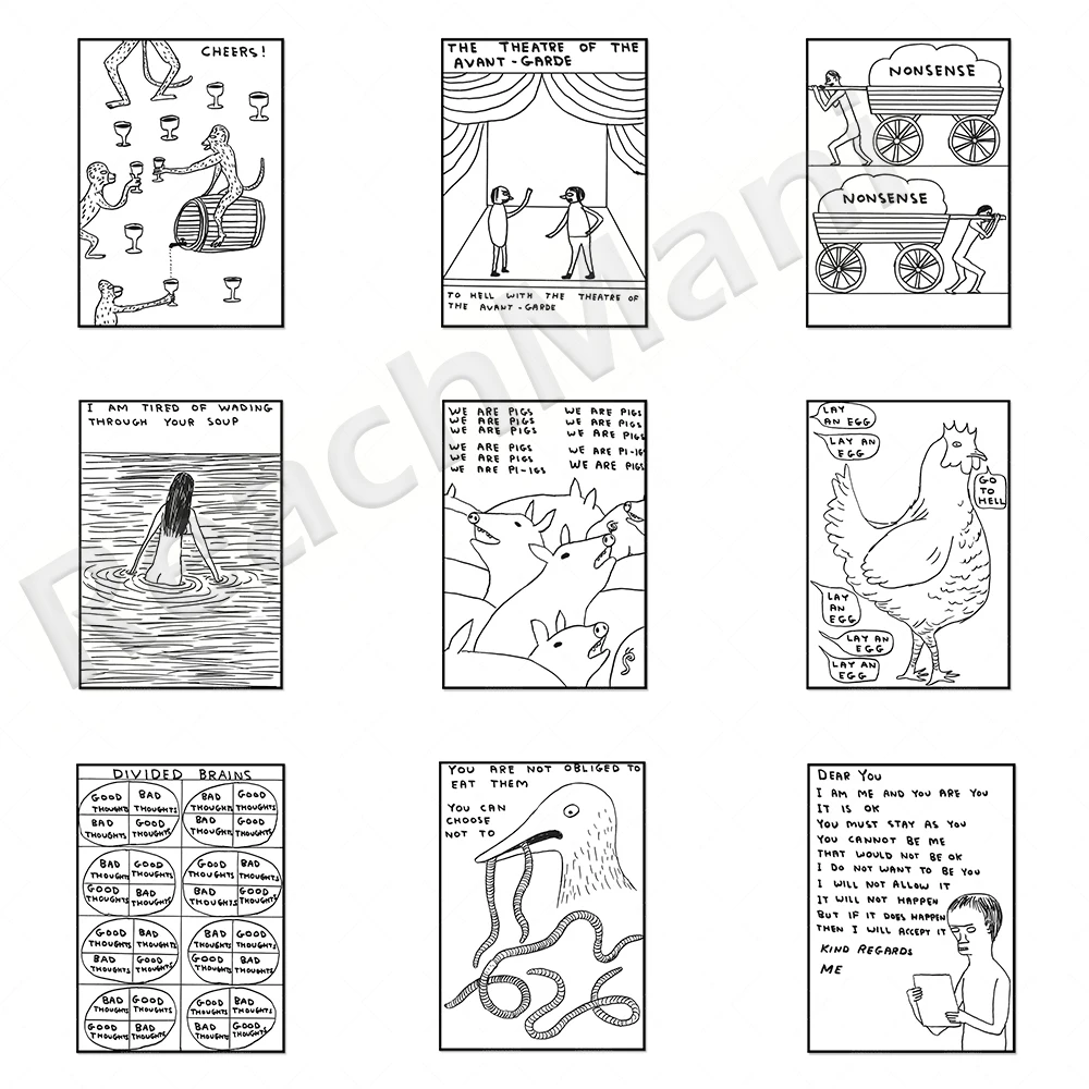 

David Shrigley art posters, interesting contemporary wall art prints, modern canvas paintings, Nordic home decor gifts