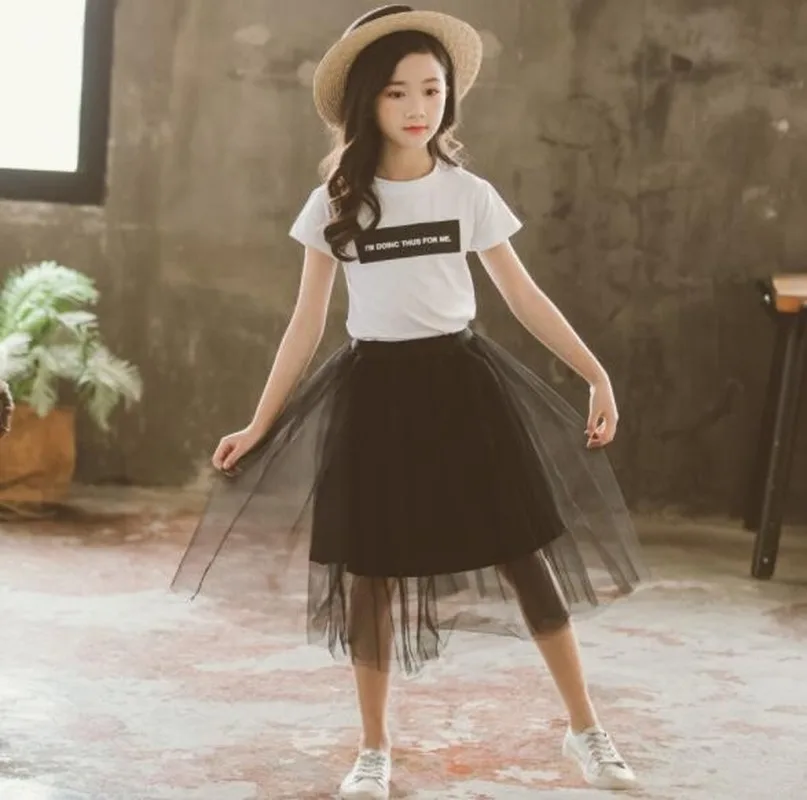 

Kids Clothes Mesh Skirt+T shirt 2 Pcs Outfits For Girls Party Short Sleeve Sets For Children Summer Fashion Baby Girl Clothing
