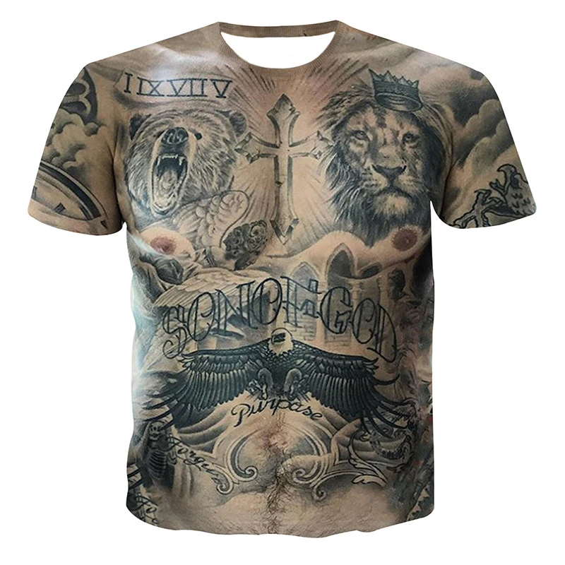 

2021 Latest Sexy Muscle Tattoo 3d-printed Men's Summer Quick Dry Short Sleeve Hip Hop Fun Street Collar T-shirt EU Size XS-2XL