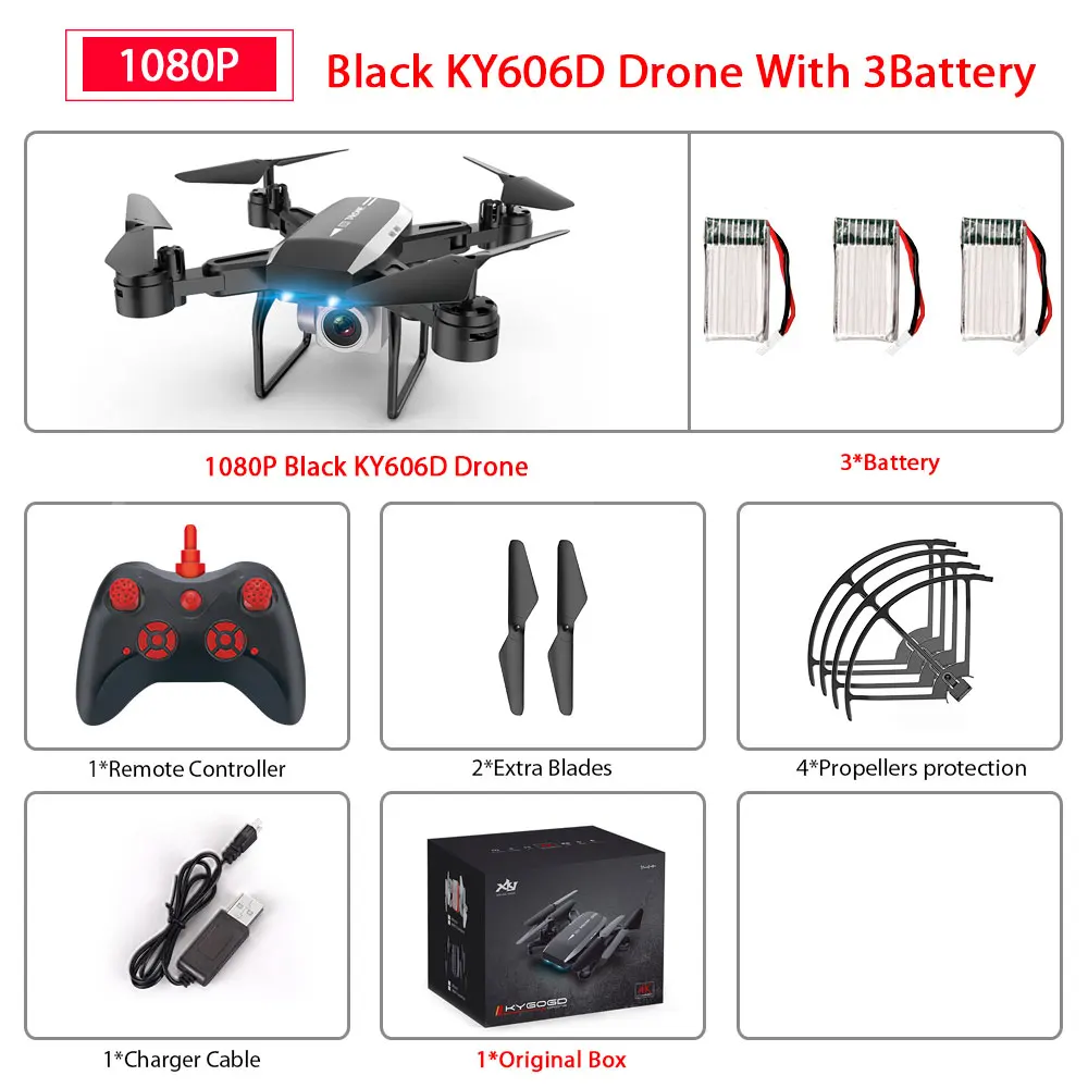 Black1080P 2B KY606D Дрон с FPV wifi 480P 1080P 4K HD Двойная камера или без камеры Квадрокоптер 20 минут время полета мини Дрон VS SG106 E58 Дрон - Цвет: Black1080P 2B