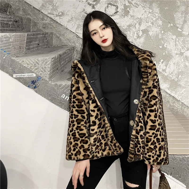 Модное леопардовое пальто из искусственного меха женская зимняя теплая мягкая