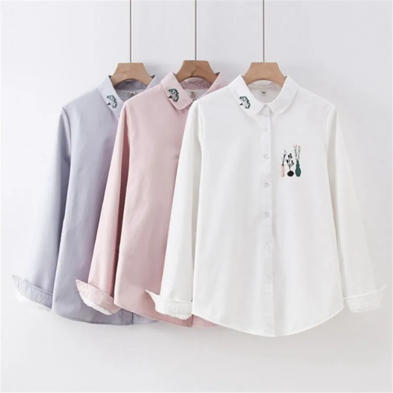 Женская Свободная блузка с цветочной вышивкой Офисная рубашка длинным рукавом