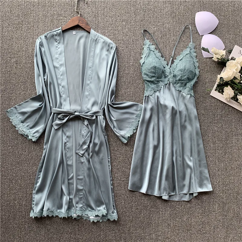 

Silk Robe & Gown Set Sexy Sleepwear Women Lingerie Dressing Summer Pajamas Lace Bathrobe Lounge Sleep Set Home Pijamas