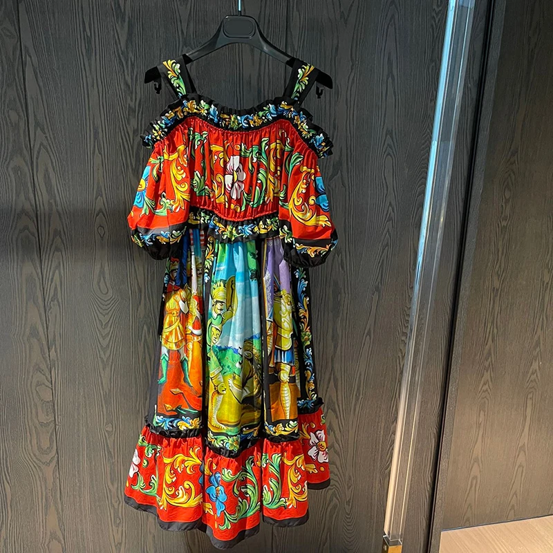 

2021 New Summer Flower Print Dress Women Casual Sleeveless Ruffles Long Silk Dress